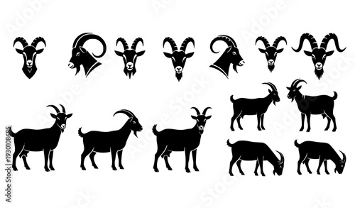 A set of black goat silhouettes in various poses and headshots