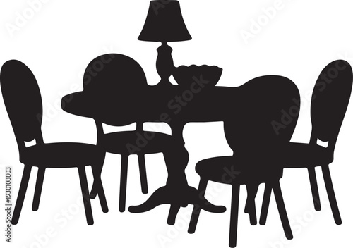 Black silhouette of dining table with four chairs and lamp