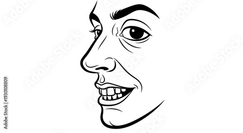 Intriguing black and white line art illustration of a cunning character's facial expression