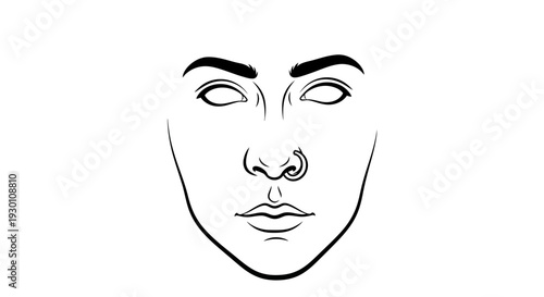 Minimalist line art illustration capturing an enigmatic human face with a distinct septum piercing