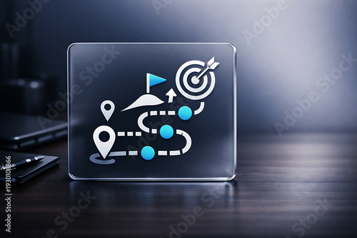 Digital of a path with target and location markers on a dark background
