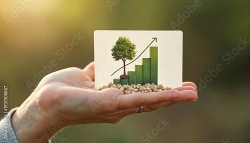 Wallpaper Mural Hand shows card with tree and green growth chart. Represents financial success, investment, and eco-friendly business growth. Symbolizes future planning and development. Torontodigital.ca