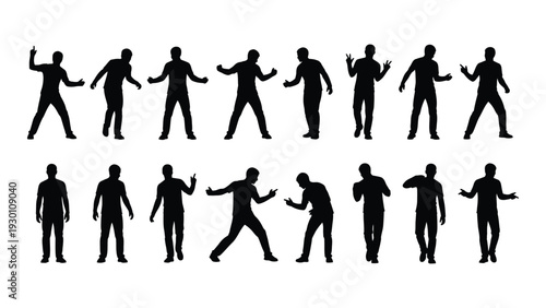 A group of black silhouettes of people in various dance poses isolated on white background, Vector