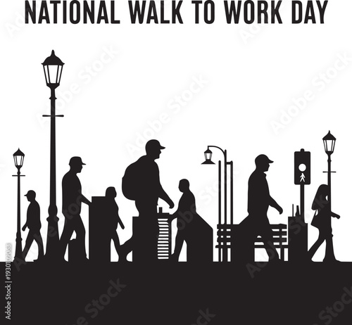 National walk to work day vector silhouette illustration of people commuting urban street