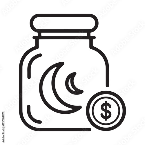 Islamic savings glass jar with dollar coins and crescent moon symbol for Zakat Ramadan charity and financial growth isolated on a transparent background.