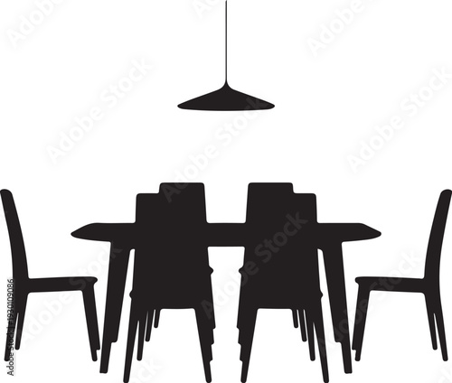 Black silhouette of dining table with four chairs and pendant light