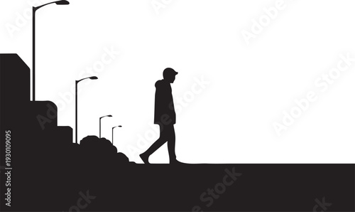 Person in hoodie walking down stairs silhouette against lampposts on transparent background