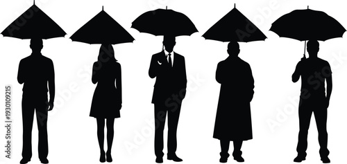 Black silhouette collection of diverse men and women holding umbrellas standing in a row isolated on white background for rainy weather and protection concepts.