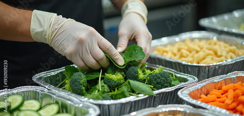 Chef wearing gloves arranges fresh vegetables like broccoli and spinach in foil trays. Next to them are sliced cucumbers, carrots, and cooked pasta, ready for serving.