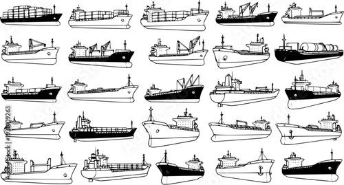 Detailed Hand-Drawn Ship Illustrations Set: Cargo, Container, and Tanker Vessels, Commercial Shipping and Maritime Transport Black and White Sketch Vector Art