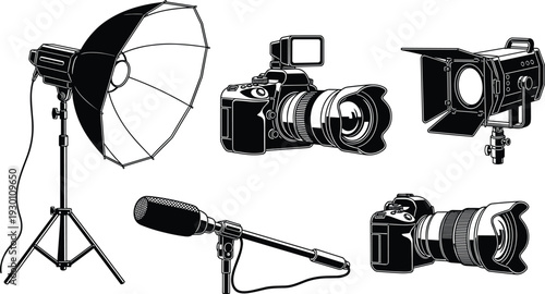 Professional photography and videography equipment set including camera, studio light, softbox umbrella, shotgun microphone and LED panel vector illustration isolated on white