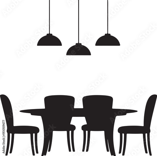 Black silhouette of dining table with four chairs and three pendant lights