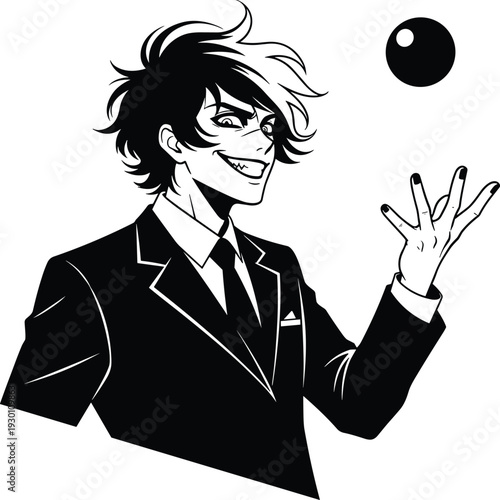 Black and white anime illustration of a smiling man in a suit with messy hair levitating a dark magical sphere