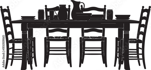 Black silhouette of dining table with six chairs and dishes