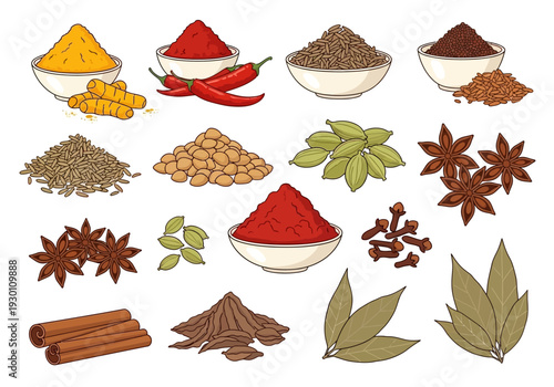Assorted Spices and Herbs in Bowls and Loose.