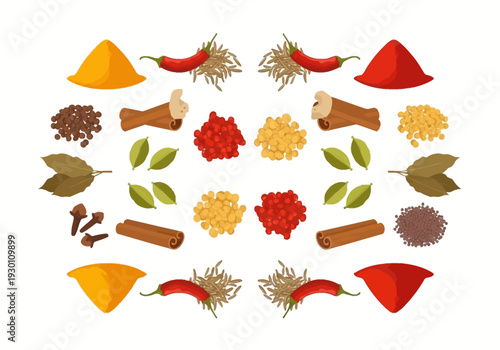 Variety of Spices and Herbs Displayed.
