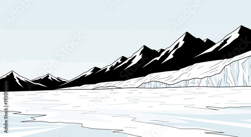 Stylized polar mountain range with icy waters and glacial formations illustration
