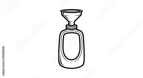 Monochromatic line art illustration of a bottle with a funnel for precise liquid transfer