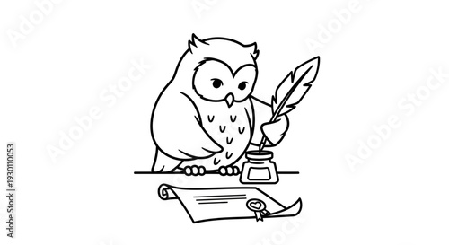 Charming feathered scribe owl meticulously crafting an important document with ancient penmanship