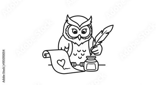 This charming minimalist owl character diligently writing a love note with a feather quill and