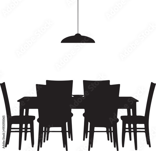 Black silhouette of dining table with six chairs and pendant light