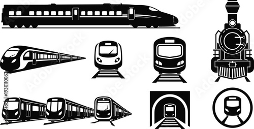 Train silhouette collection with modern high speed railway and vintage steam locomotive, black rail transport icons set vector illustration isolated on white background