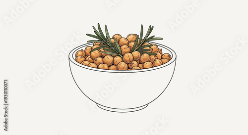 Hand-drawn style bowl of savory chickpeas and fresh rosemary on a clean neutral background