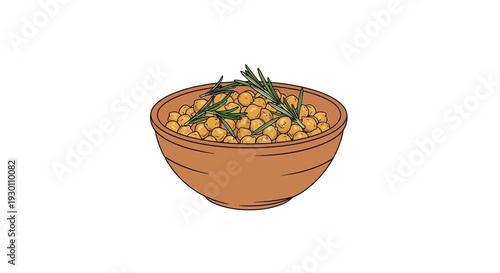 Illustration of a rustic bowl brimming with wholesome chickpeas adorned with fresh aromatic