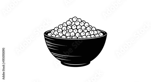 A striking monochrome illustration of a full bowl brimming with small, round legumes