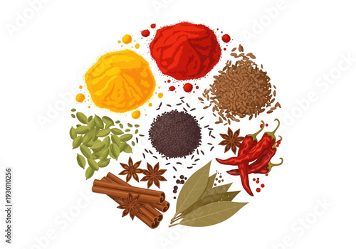 Assorted Spices and Herbs in Circle.