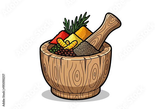 Wooden Mortar with Herbs and Spices.