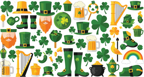 Vibrant St. Patrick's Day icons and symbols in green and gold