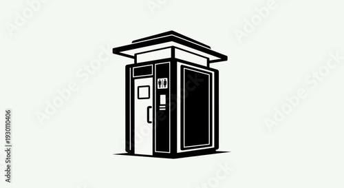 A contemporary graphic illustration of a compact public restroom booth with gender indicators