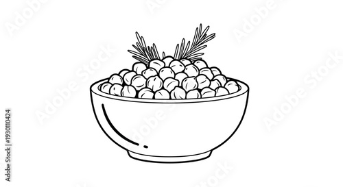 Minimalist black and white outline drawing of a bowl of wholesome chickpeas garnished with fresh