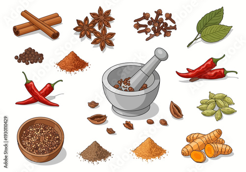Mortar and Pestle with Various Spices and Herbs.
