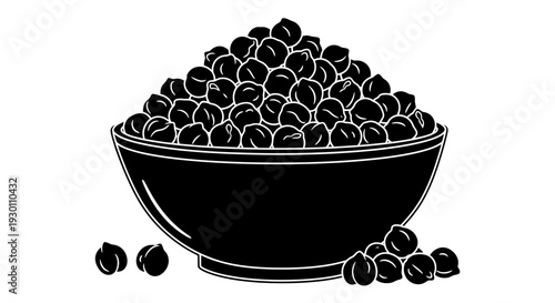 Stylized black and white illustration of a bowl filled with wholesome chickpeas and scattered beans