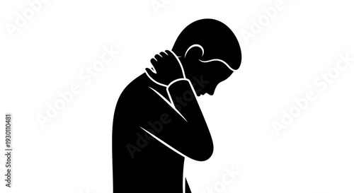 Silhouette illustration of a person experiencing acute neck discomfort and upper back pain needing