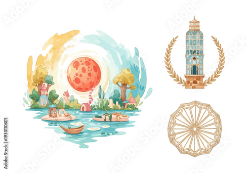 Watercolor illustration of fantasy landscape and symbols.