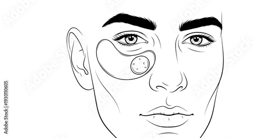 Detailed line art illustration showcasing facial skin care treatment with under-eye and cheek