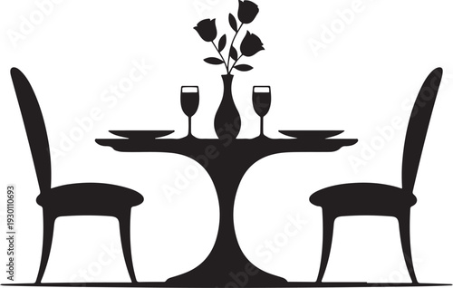 Black silhouette of dining table with two chairs and flowers