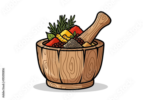 Mortar and Pestle with Herbs and Spices.