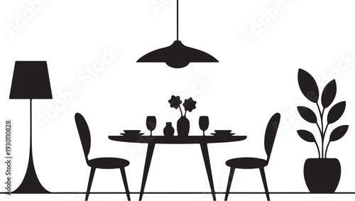 Black silhouette of dining table with two chairs and lamp