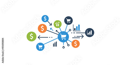 Conceptual illustration of online shopping and financial growth analysis