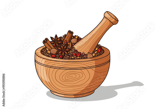 Mortar and Pestle with Spices Inside.