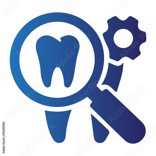 Blue gradient icon representing dental health assessment and advanced oral care technology, featuring a magnifying glass examining a tooth and a gear