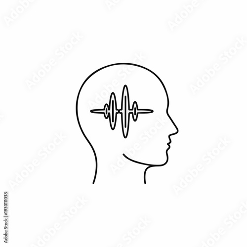 Visualizing the human mind and its internal processes through a line drawing of a person's profile, a wave-like pattern symbolizes thought, representing the complexities of the brain.