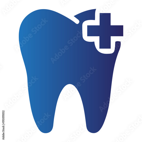 Vector illustration of a molar tooth with a white plus sign integrated into its upper right section, symbolizing dental care and health