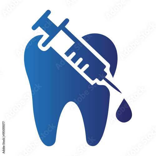 Tooth with a syringe injecting medicine, symbol of dental treatment and pain relief, close-up on blue background