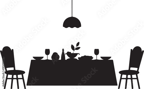 Black silhouette of dining table with two chairs and pendant light