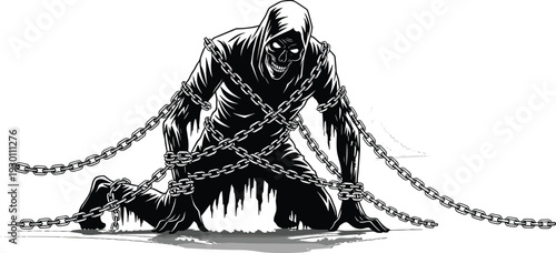 Black and White Vector Illustration of a Bound Shadow Figure in Chains for Horror Fantasy Mystery and Dark Mental Health Concepts